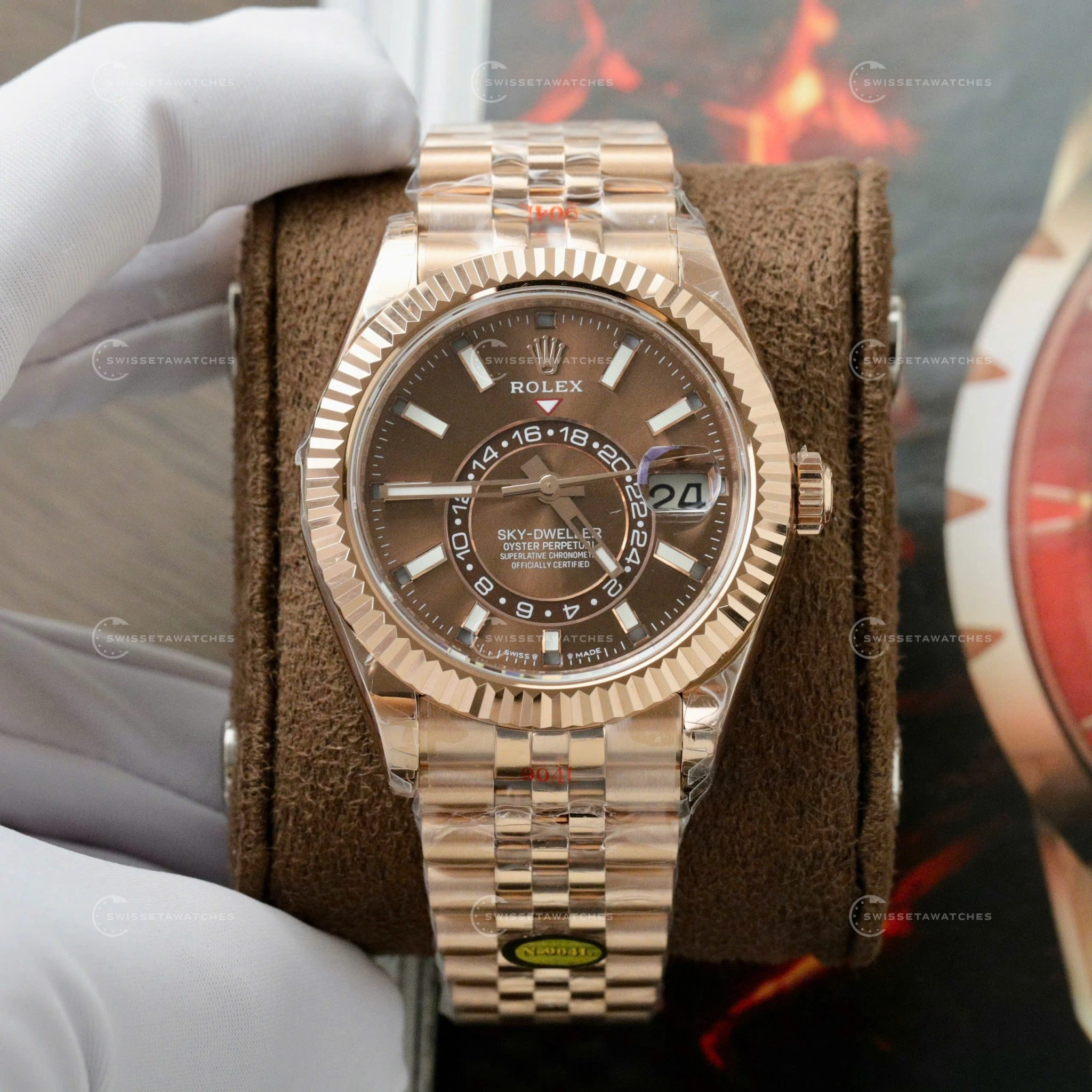 Rolex Sky-Dweller 42mm Ref. 336935-0006 Chocolate Kadran 18K Rose Gold Kasa & Jubilee Bilezik Super Clone ETA Saat (1)