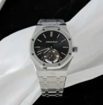 Audemars Piguet Royal Oak Tourbillon 26512ST clone saat – 41mm paslanmaz çelik kasa, siyah kadran ve aktif tourbillon mekanizma ile lüks tasarım.