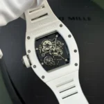 Richard Mille RM055 Bubba Watson beyaz seramik kasalı clone saat – iskelet kadran, manuel mekanizma, BBR üretimi yüksek kalite model.