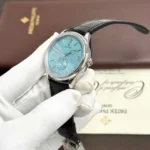 Rolex Perpetual 1908 Tiffany kadranlı Super Clone saat – 39mm gümüş kasa, siyah deri kayış ve PPF üretimi.