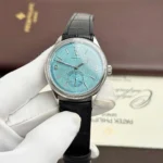Rolex Perpetual 1908 Tiffany kadranlı Super Clone saat – 39mm gümüş kasa, siyah deri kayış ve PPF üretimi.